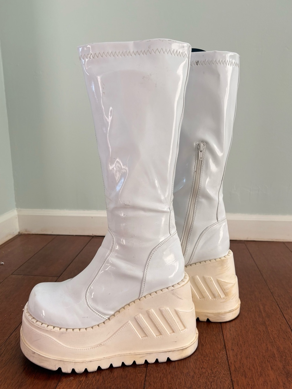 White Platform Knee-High Boots - Glossy Chunky Sole